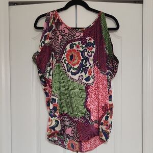 Voom by Joy Han Multicolor Floral Patchwork Cold-Shoulder Blouse